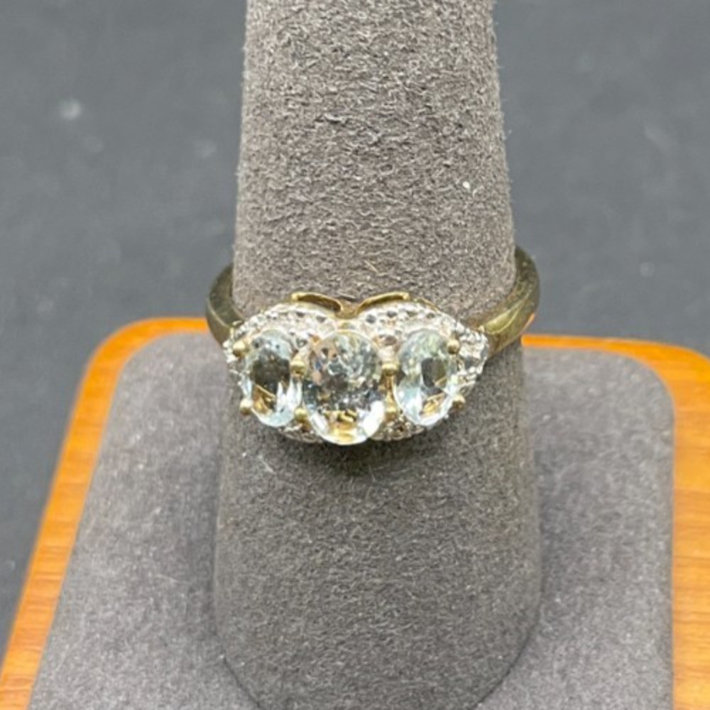 STS Designed Aquamarine Gold Tone 925 Sterling Silver 3 Stones Ring Size 8.75